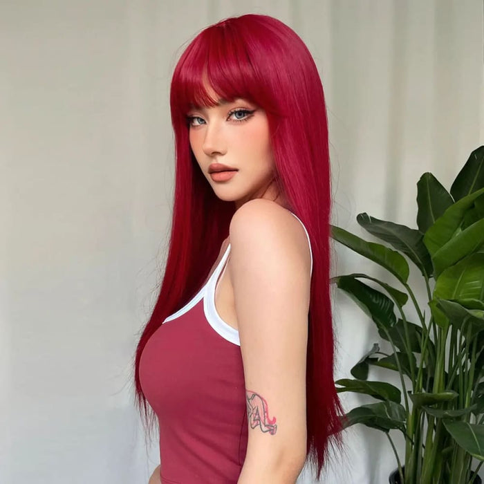 Long Straight Wine Red Wig With Bangs