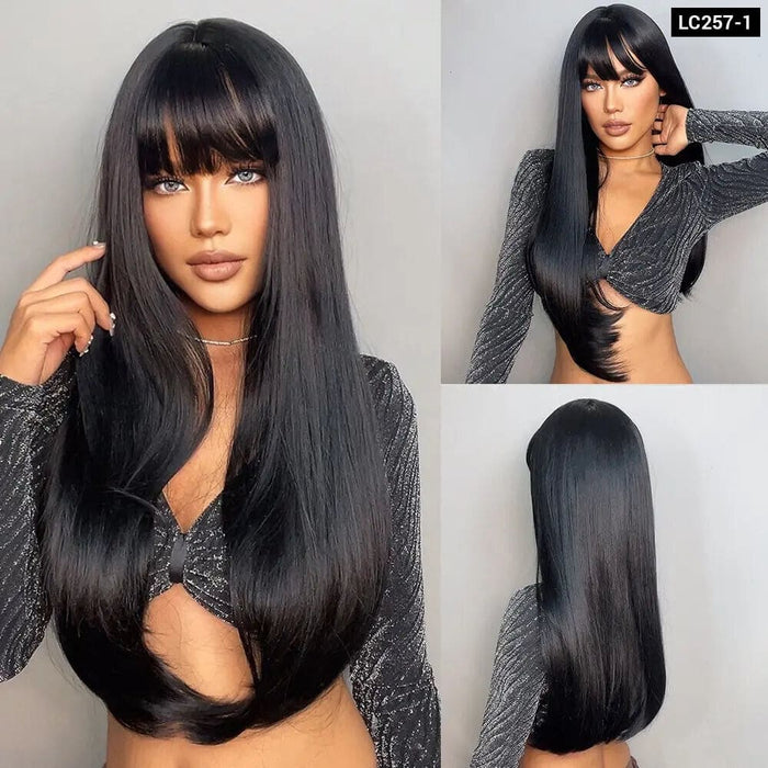 Long Straight Wine Red Wig With Bangs