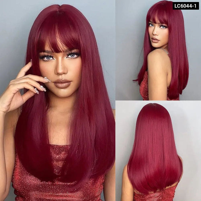 Long Straight Wine Red Wig With Bangs