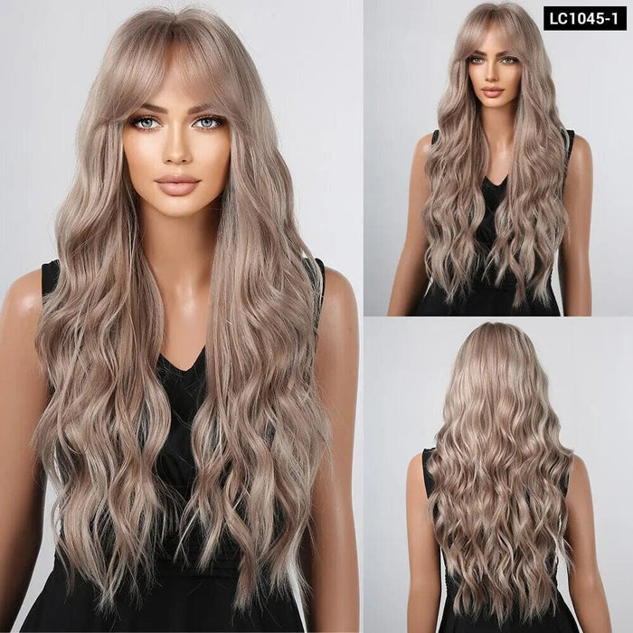 Long Wavy Brown Blonde Ombre Synthetic Wig With Dark Roots