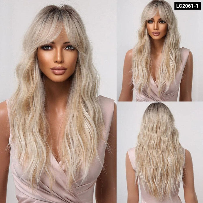 Long Wavy Brown Blonde Ombre Synthetic Wig With Dark Roots