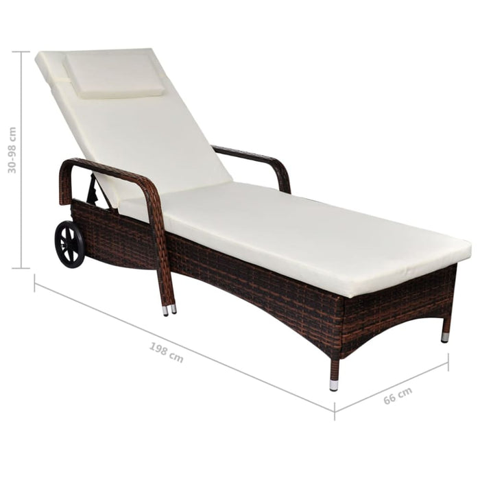 Sun Lounger With Cushion & Wheels Poly Rattan Brown Axail