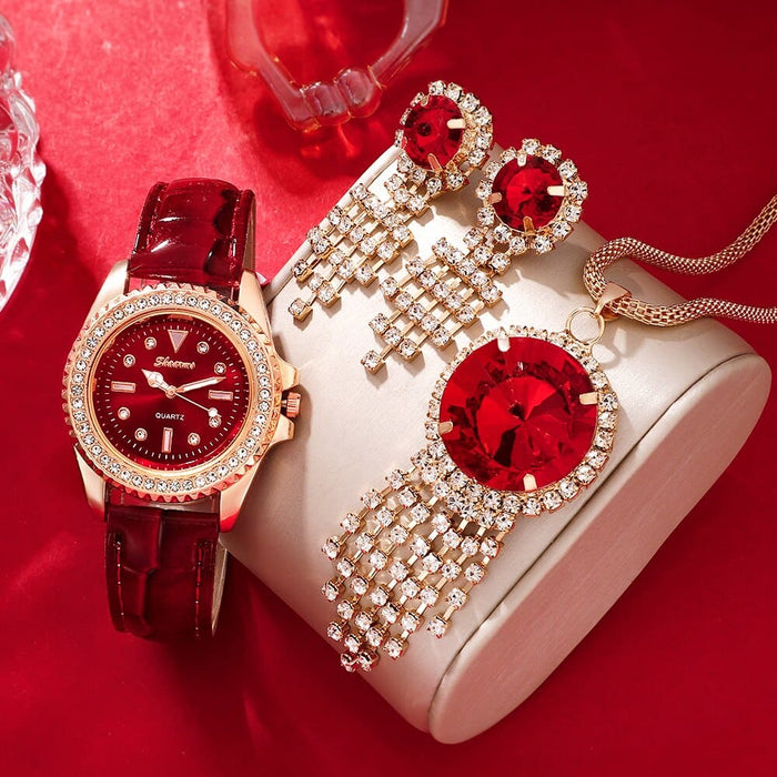 Luxury Fashion Women Watch Set Leather Band Ladies Quartz