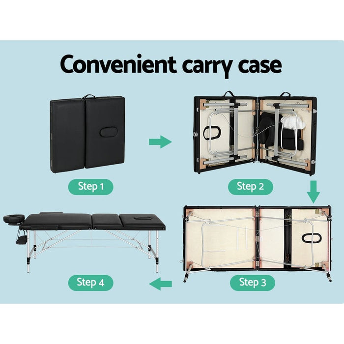 Massage Table 85cm Width 3 Fold Portable Aluminium Therapy