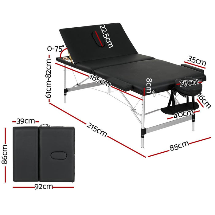 Massage Table 85cm Width 3 Fold Portable Aluminium Therapy