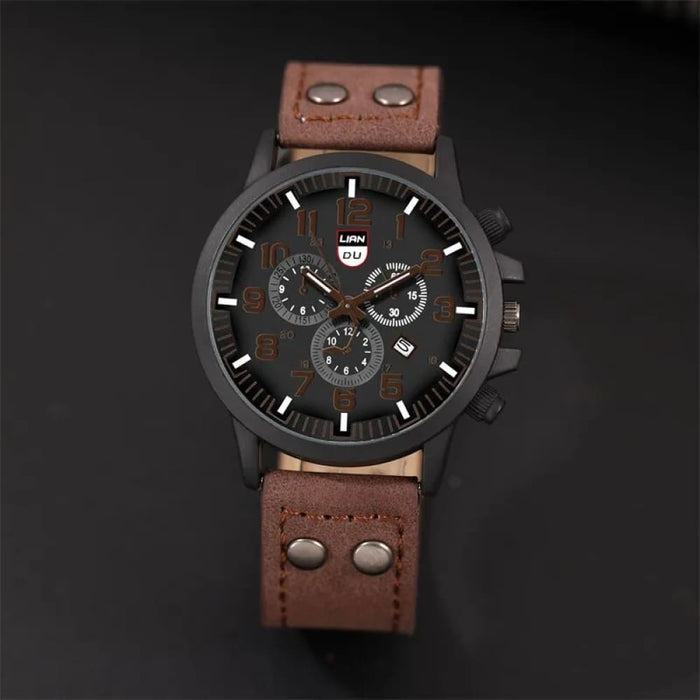 Mens Fashion Leather Quartz Watch With Calendar Luxury