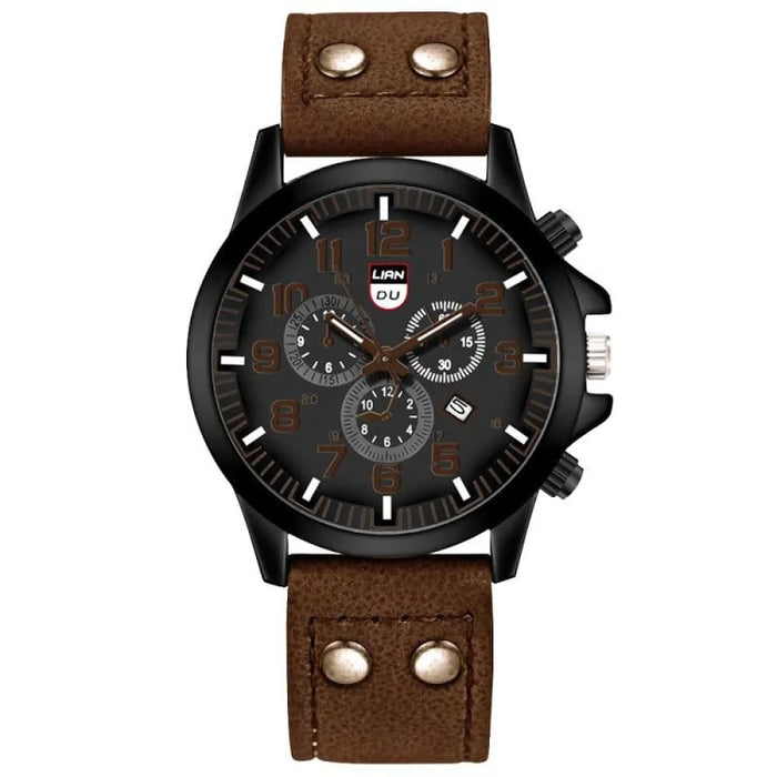 Mens Fashion Leather Quartz Watch With Calendar Luxury