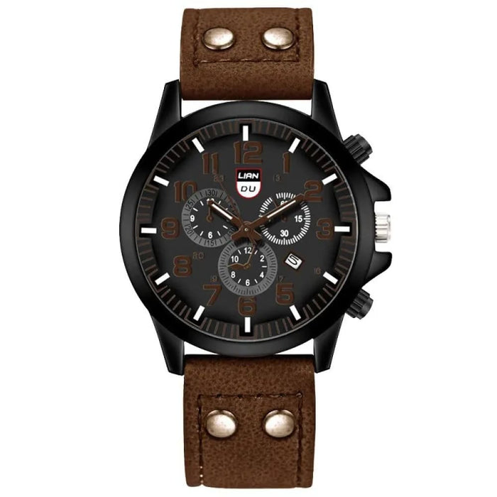 Mens Fashion Leather Quartz Watch With Calendar Luxury