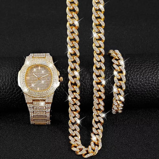 Mens Hip Hop Necklace Bracelet Cuban Chain Gold Color Iced