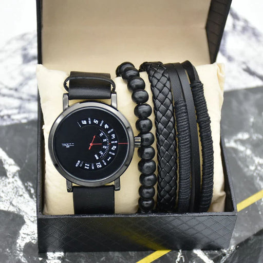 Mens Sports Waterproof Wrist Watch Set With Leather Braided