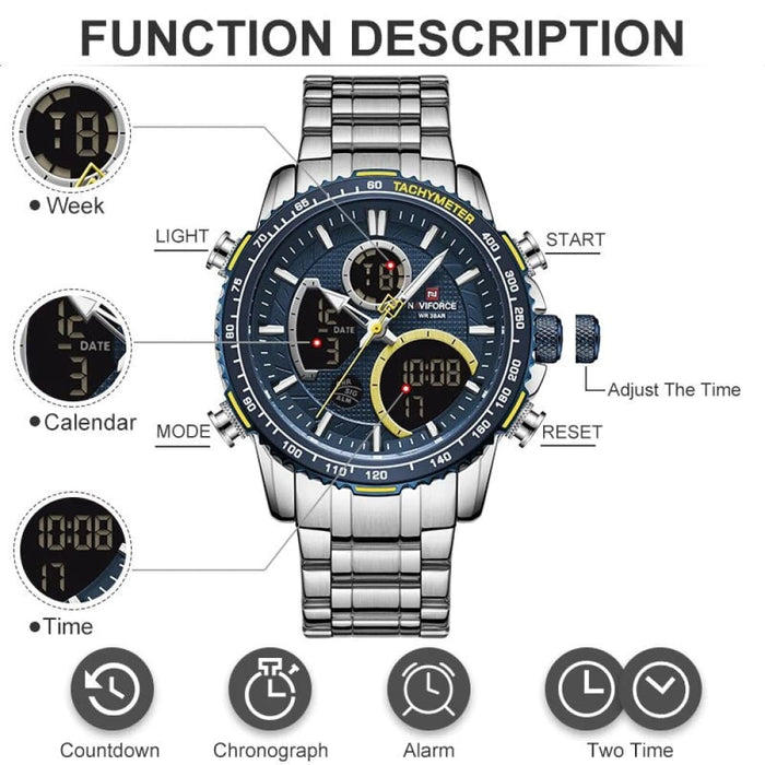 Men’s Stainless Steel Band Analogweek Calendar Display