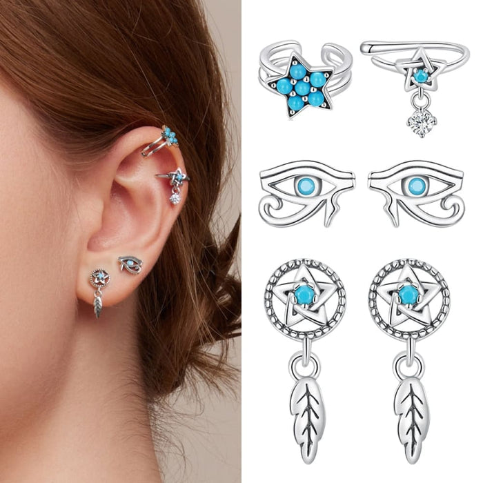 Mono-earring 925 Silver Clip Dreamcatcher Hollow Evil Eye