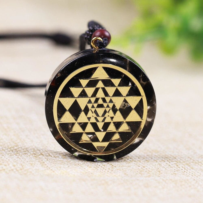 Natural Obsidian Orgonite Pendant Sri Yantra Necklace