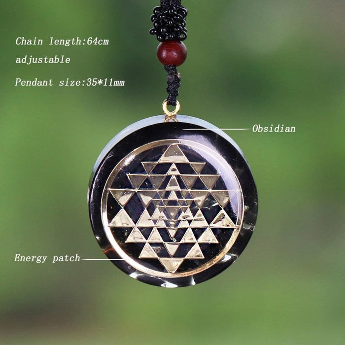 Natural Obsidian Orgonite Pendant Sri Yantra Necklace