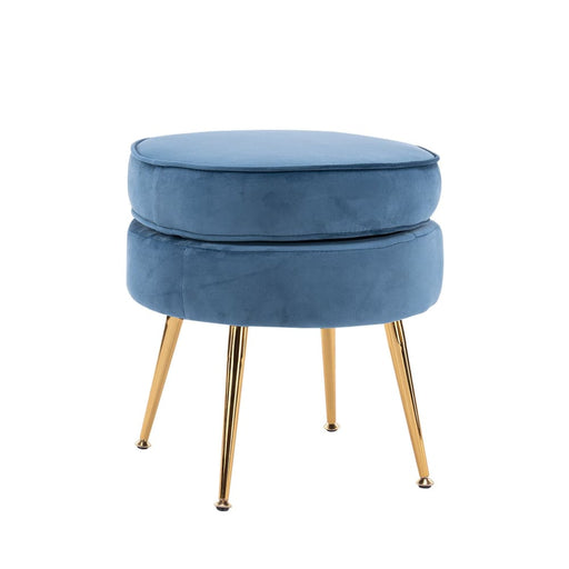 Navy Blue Round Ottoman Foot Stool Velvet Fabric Metal Leg