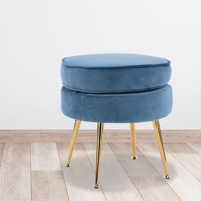 Navy Blue Round Ottoman Foot Stool Velvet Fabric Metal Leg