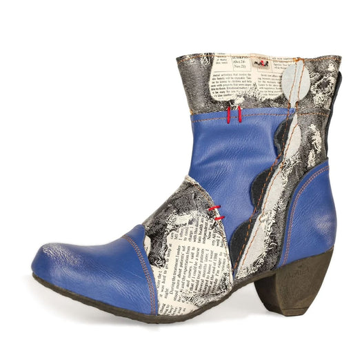 Newsprint Patchwork Leather Womens Heel Boots