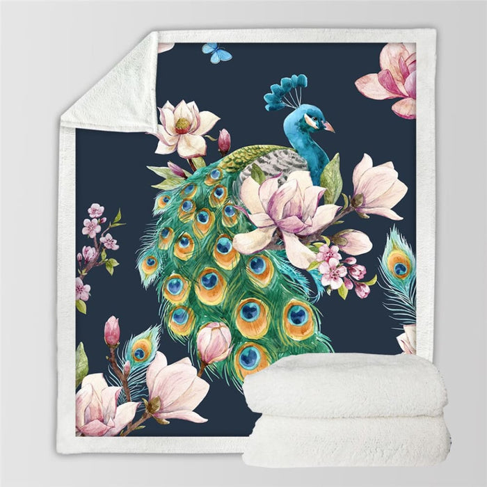 Peacock Bird Blankets For Bed Blooming Sakura Flower Plush