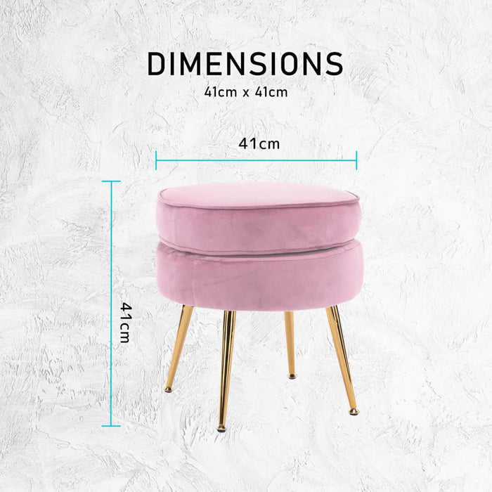 Pink Round Ottoman Foot Stool Velvet Fabric Metal Leg