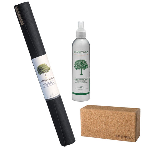 Portable Black Yoga Mat Cork Block And Plant Based Wash Kit