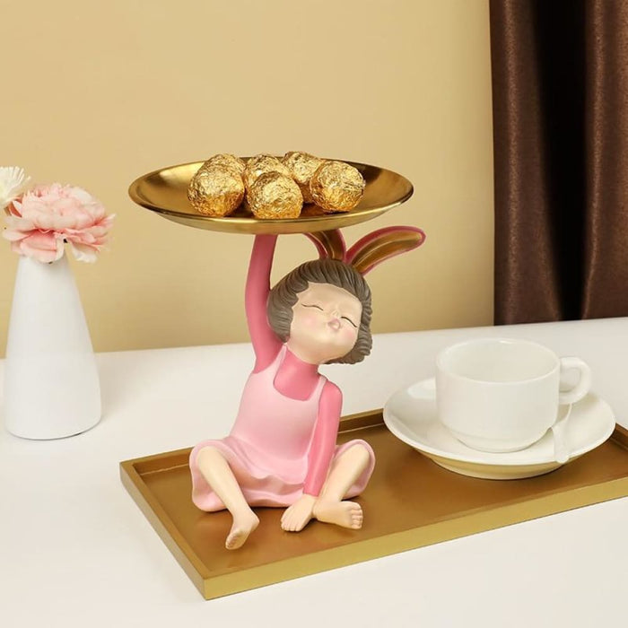 Rabbit Girl Statue With Tray For Keys Storage Box Nut Candy