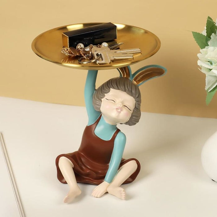 Rabbit Girl Statue With Tray For Keys Storage Box Nut Candy