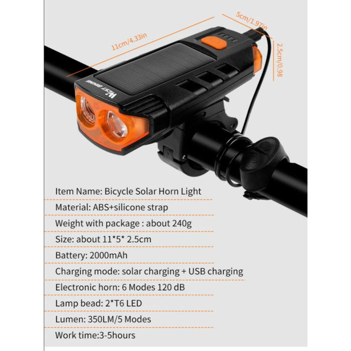 Usb Rechargeable Solar Power Led Headlight With Horn