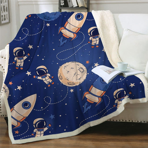 Rocket Ship Bed Blanket Blue Sherpa Fleece Throw Kids Outer