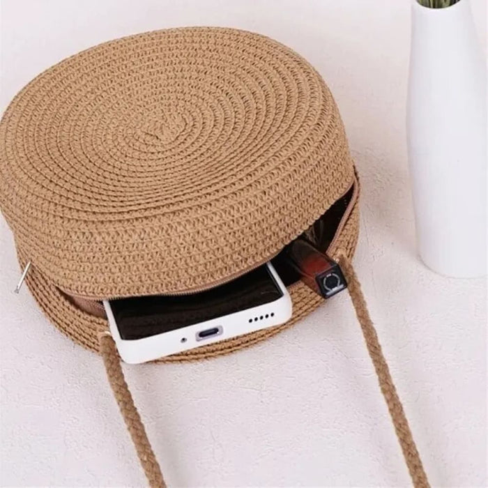 Round Crossbody Straw Bag For Women Minimalist Vocation