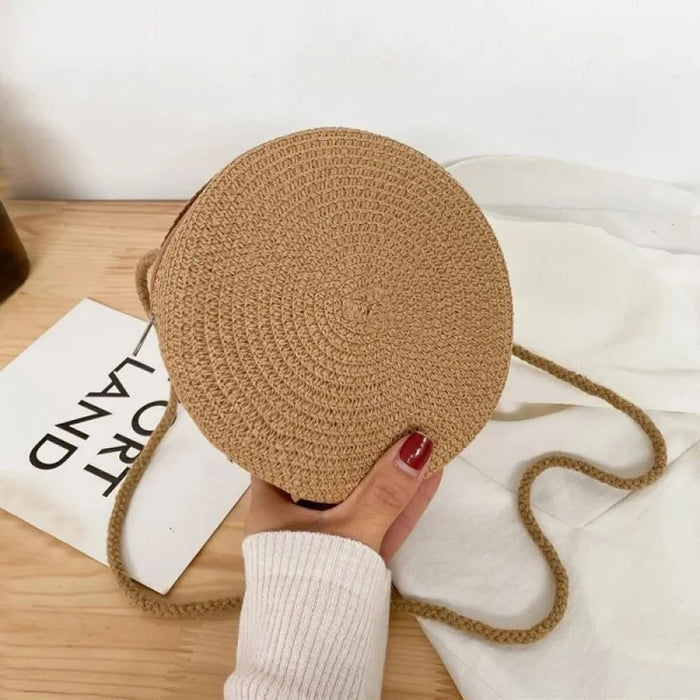 Round Crossbody Straw Bag For Women Minimalist Vocation