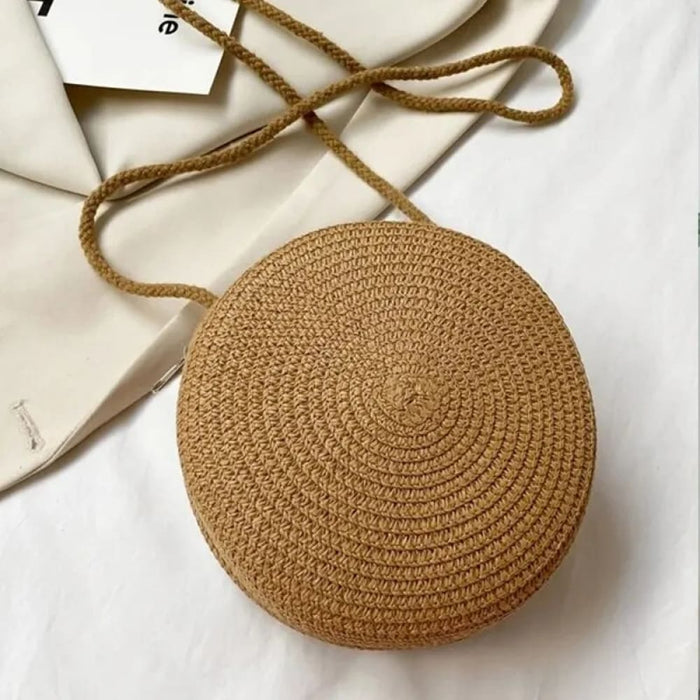 Round Crossbody Straw Bag For Women Minimalist Vocation