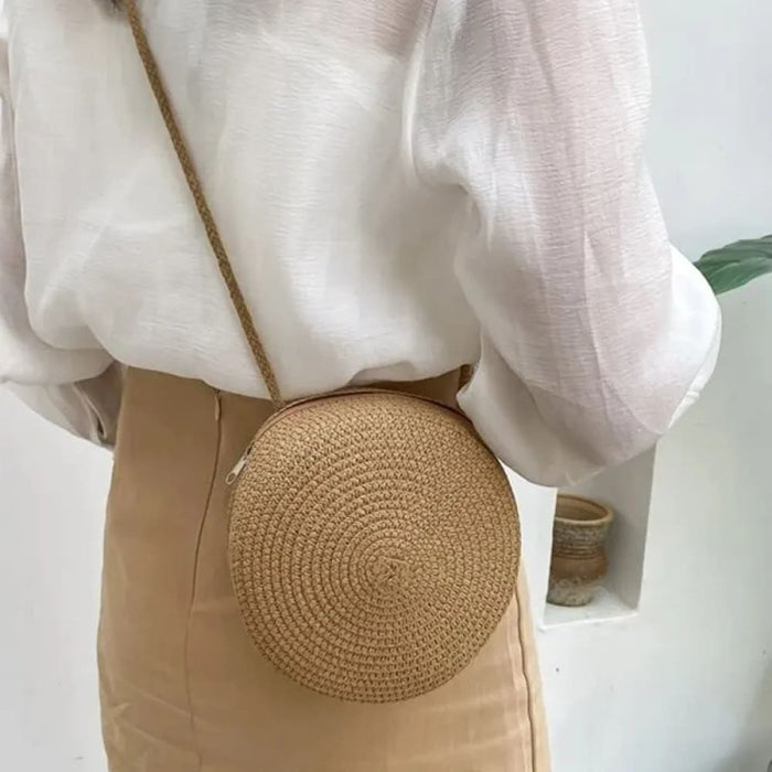 Round Crossbody Straw Bag For Women Minimalist Vocation