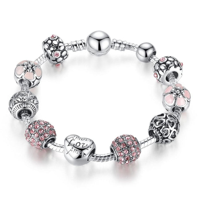 Silver Plated Charm Love And Flower Beads Women Bracelet