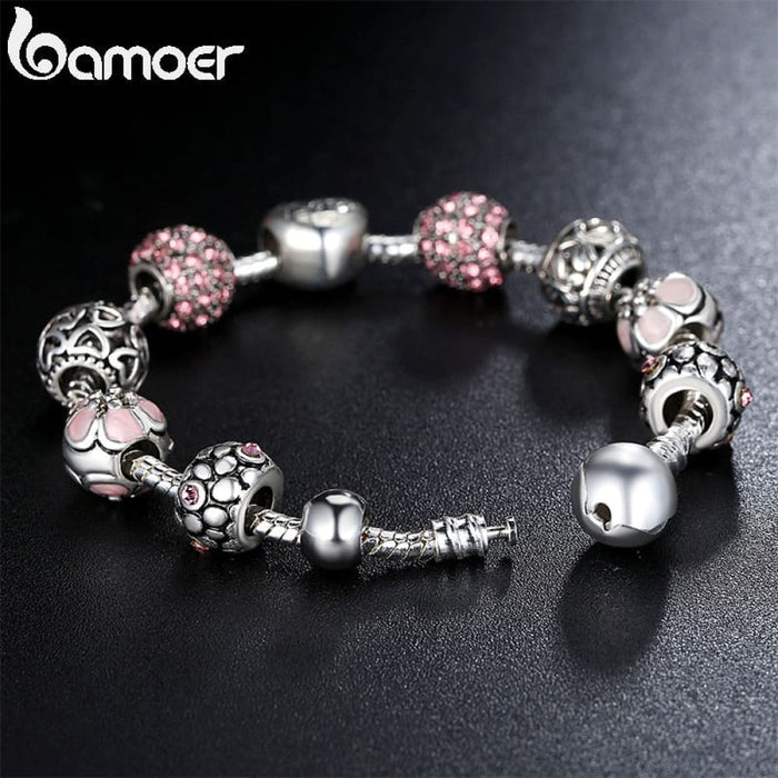 Silver Plated Charm Love And Flower Beads Women Bracelet