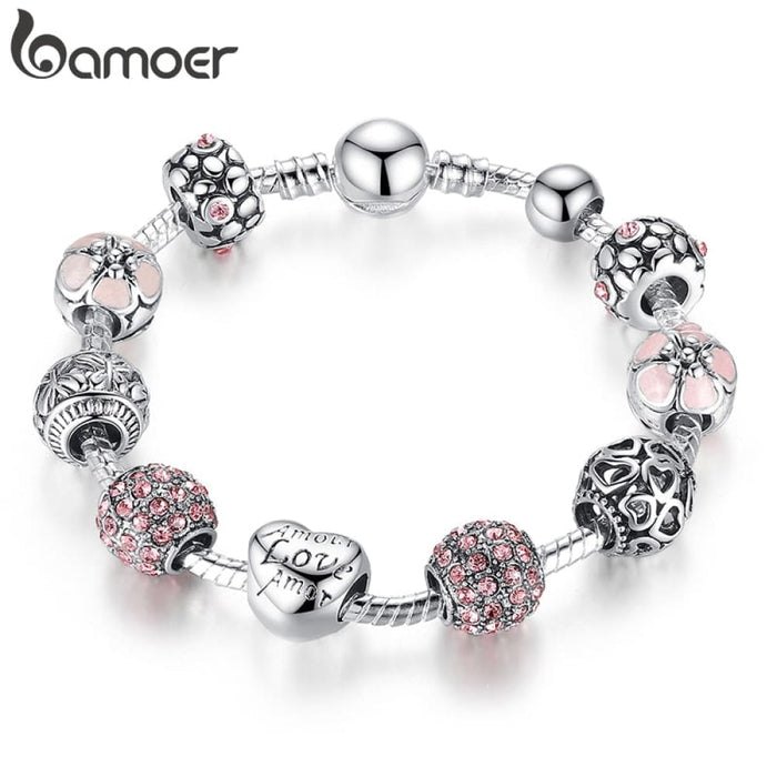 Silver Plated Charm Love And Flower Beads Women Bracelet