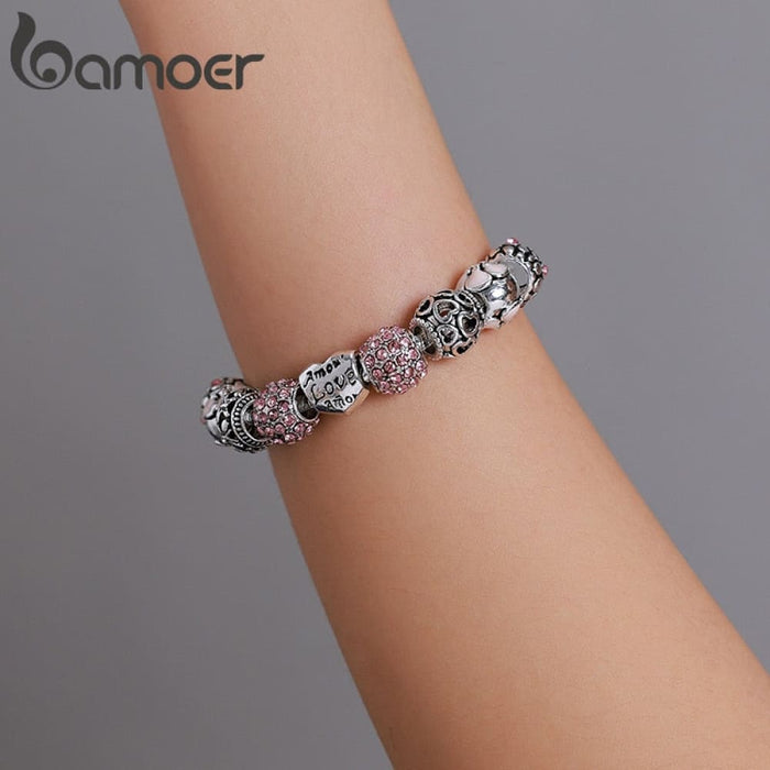 Silver Plated Charm Love And Flower Beads Women Bracelet