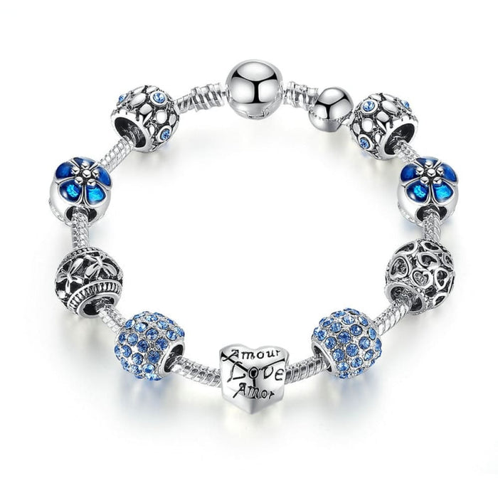 Silver Plated Charm Love And Flower Beads Women Bracelet