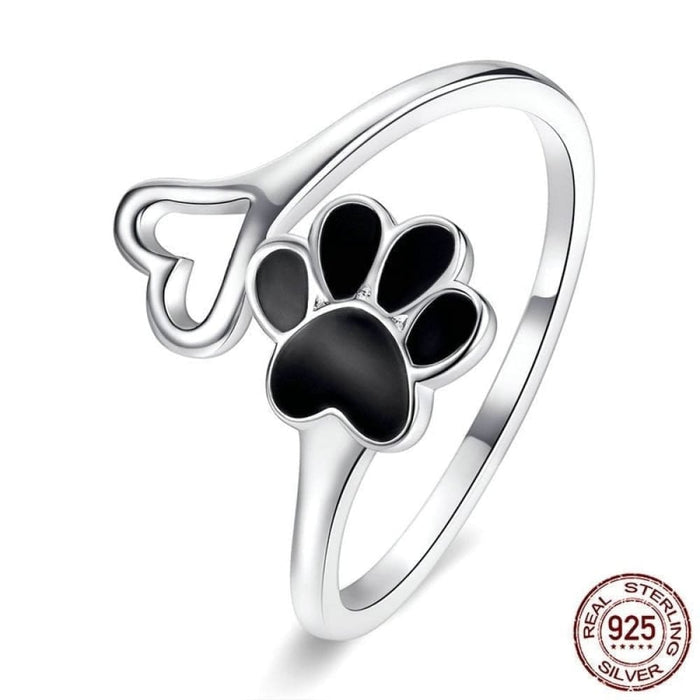 Sterling Silver 925 Black Enamel Dog Paw Heart Adjustable