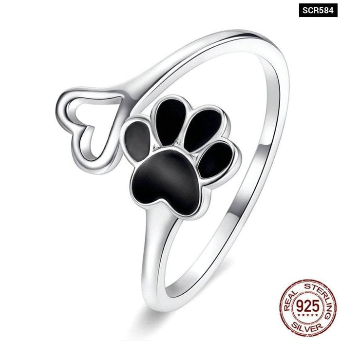 Sterling Silver 925 Black Enamel Dog Paw Heart Adjustable