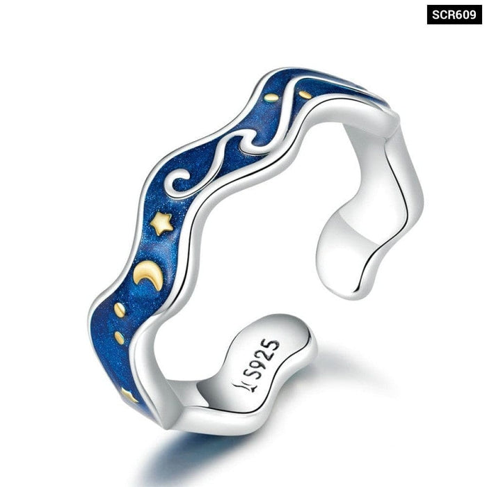 Sterling Silver 925 Lover Rings For Couple Blue Starry Sky