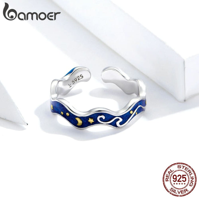 Sterling Silver 925 Lover Rings For Couple Blue Starry Sky