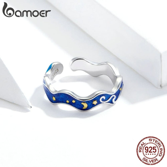 Sterling Silver 925 Lover Rings For Couple Blue Starry Sky