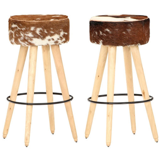 Bar Stools 2 Pcs Brown Rough Mango Wood And Real Leather