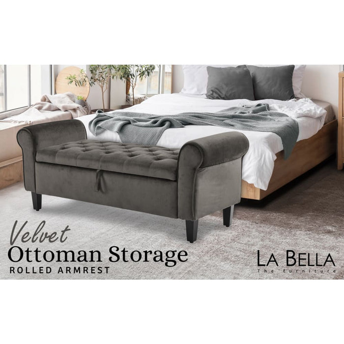 Storage Ottoman Stool Arm Bench Seat 132cm Velvet Grey