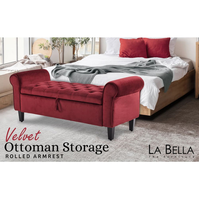 Storage Ottoman Stool Arm Bench Seat 132cm Velvet Red