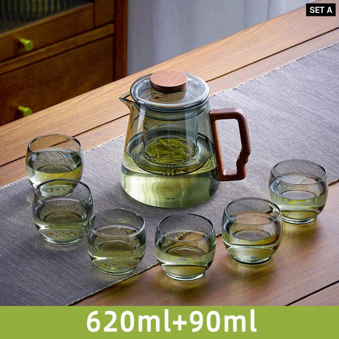 Tea Ceremony Glass Teapot Set With Wood Handle