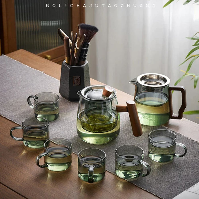 Tea Ceremony Glass Teapot Set With Wood Handle