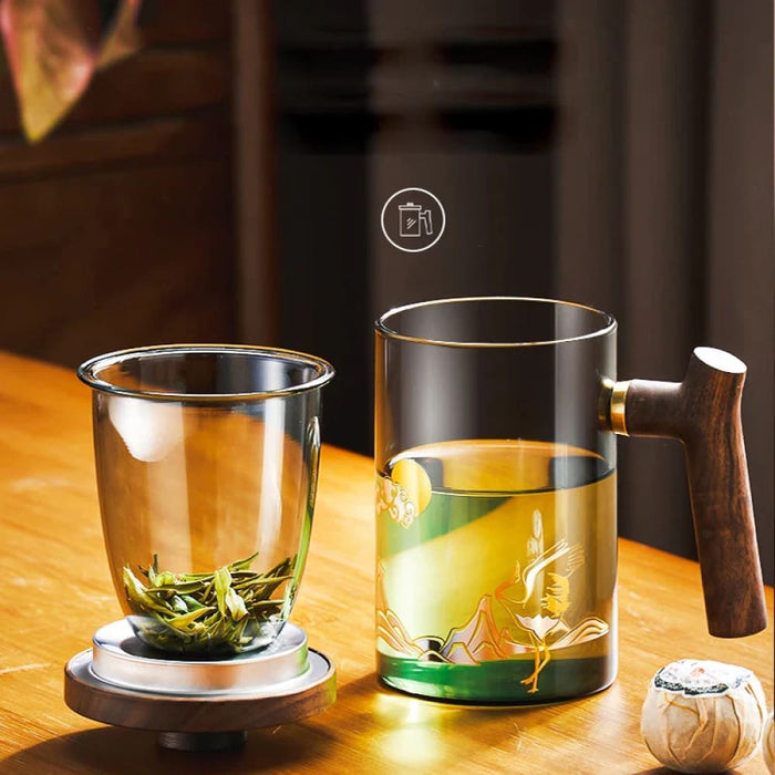 Tea Cup With Heat Resistant Glass And Wooden Handle