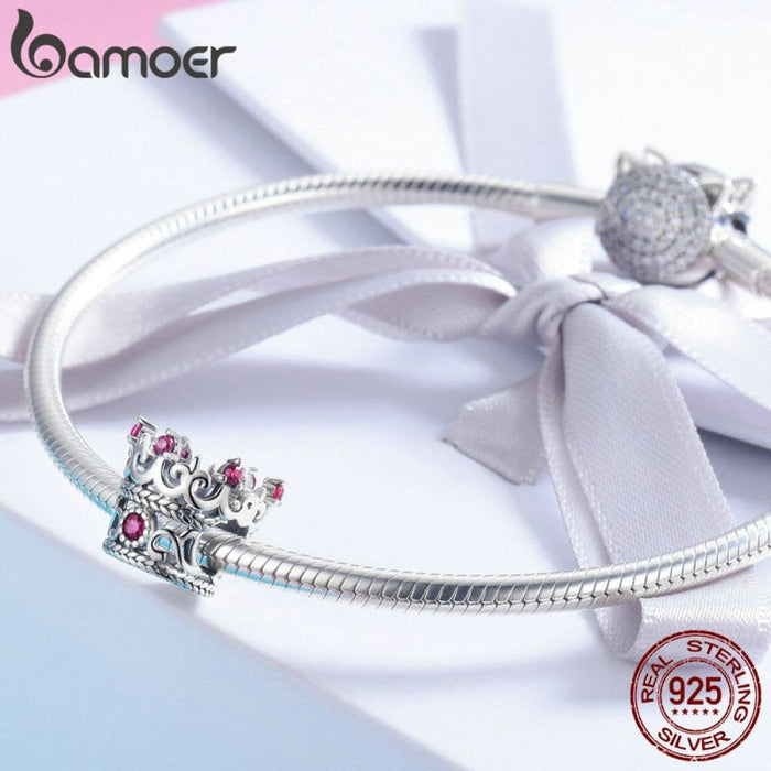 Trendy 925 Sterling Silver Queen Crown Pink Cz Crystal