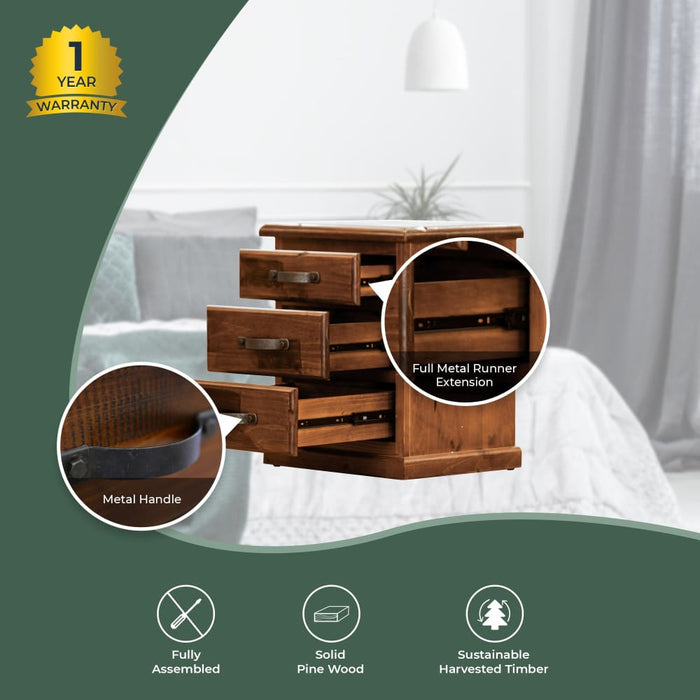 Umber Bedside Tables 3 Drawers Storage Cabinet Shelf Side